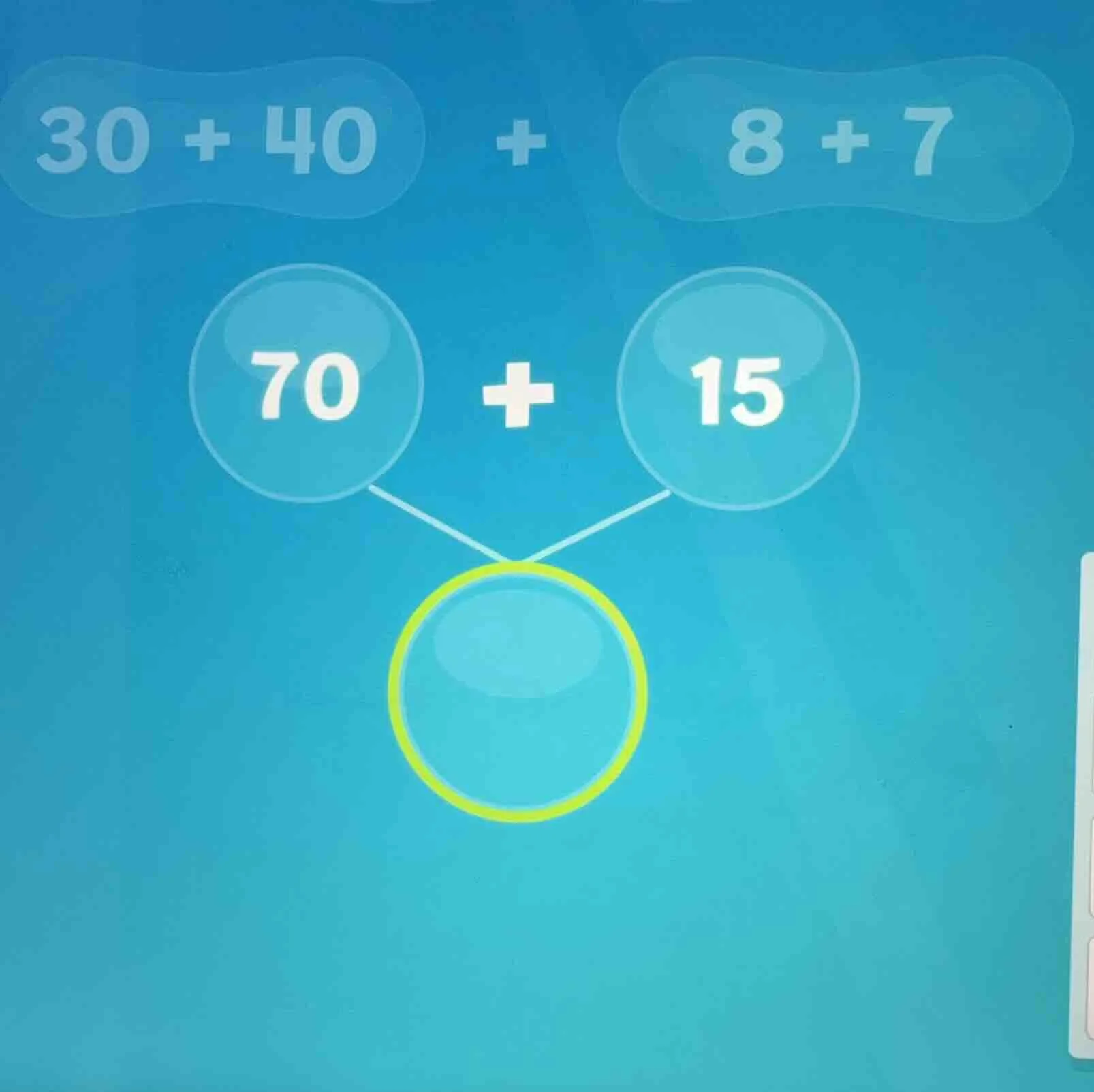 $30 + 40$ + $8 + 7$ $70 + 15$ calculate the result of the above arithme…