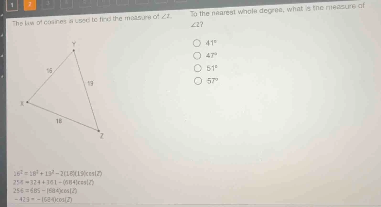 the law of cosines is used to find the measure of $angle z$. to the nea…