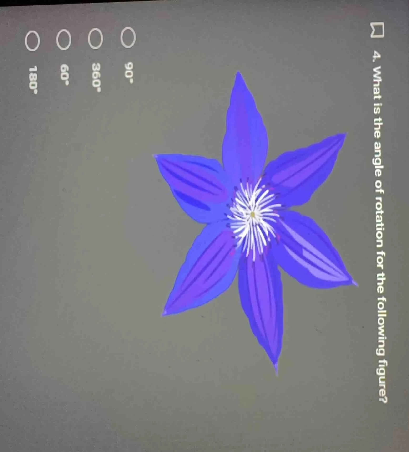 4. what is the angle of rotation for the following figure?$90^{\\circ}$…