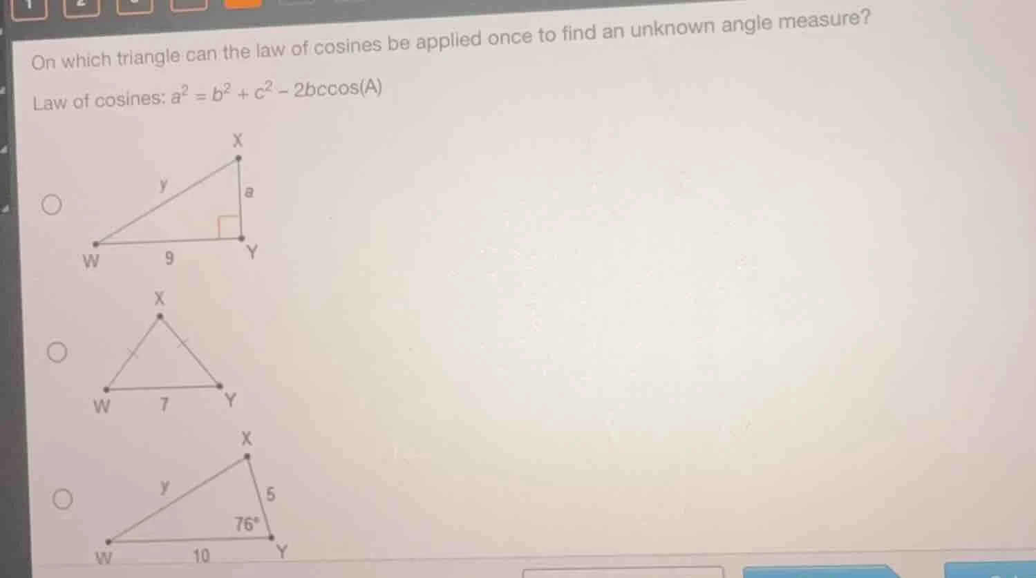 on which triangle can the law of cosines be applied once to find an unk…