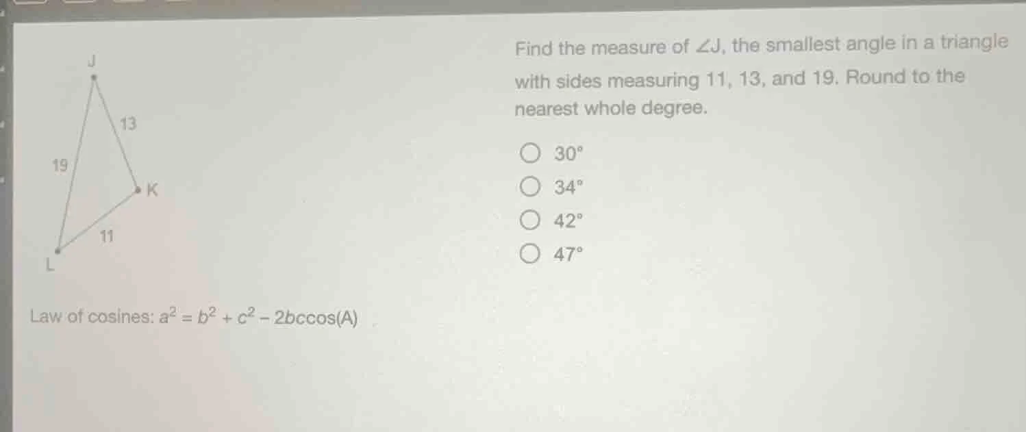 find the measure of $angle j$, the smallest angle in a triangle with si…