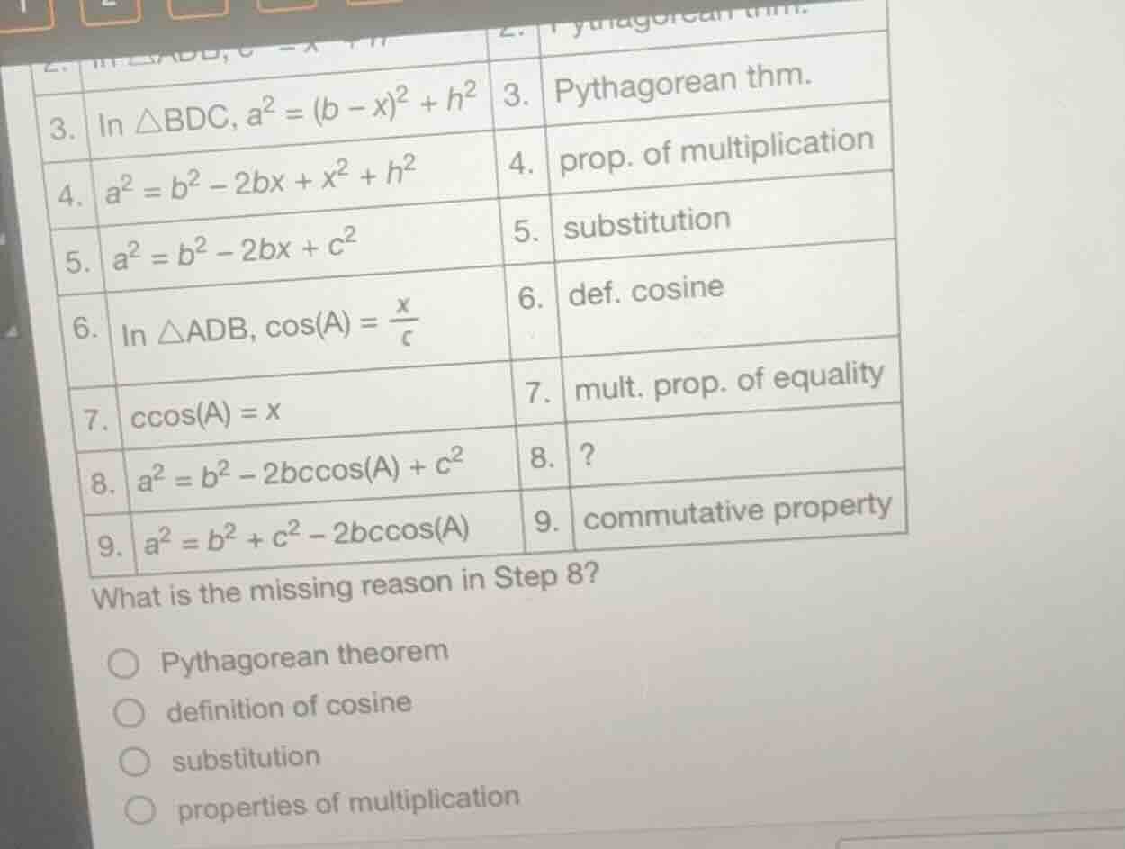 3. in $\\triangle bdc, a^{2}=(b - x)^{2}+h^{2}$ 3. pythagorean thm. 4. …