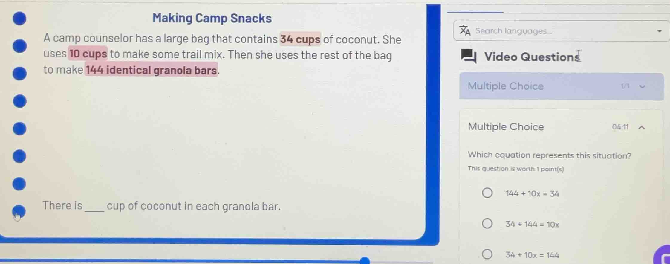 making camp snacks a camp counselor has a large bag that contains 34 cu…