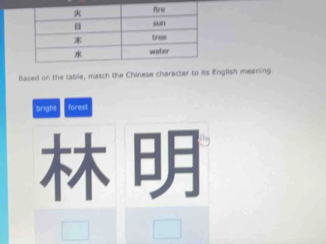 火 fire 日 sun 木 tree 水 water based on the table, match the chinese chara…