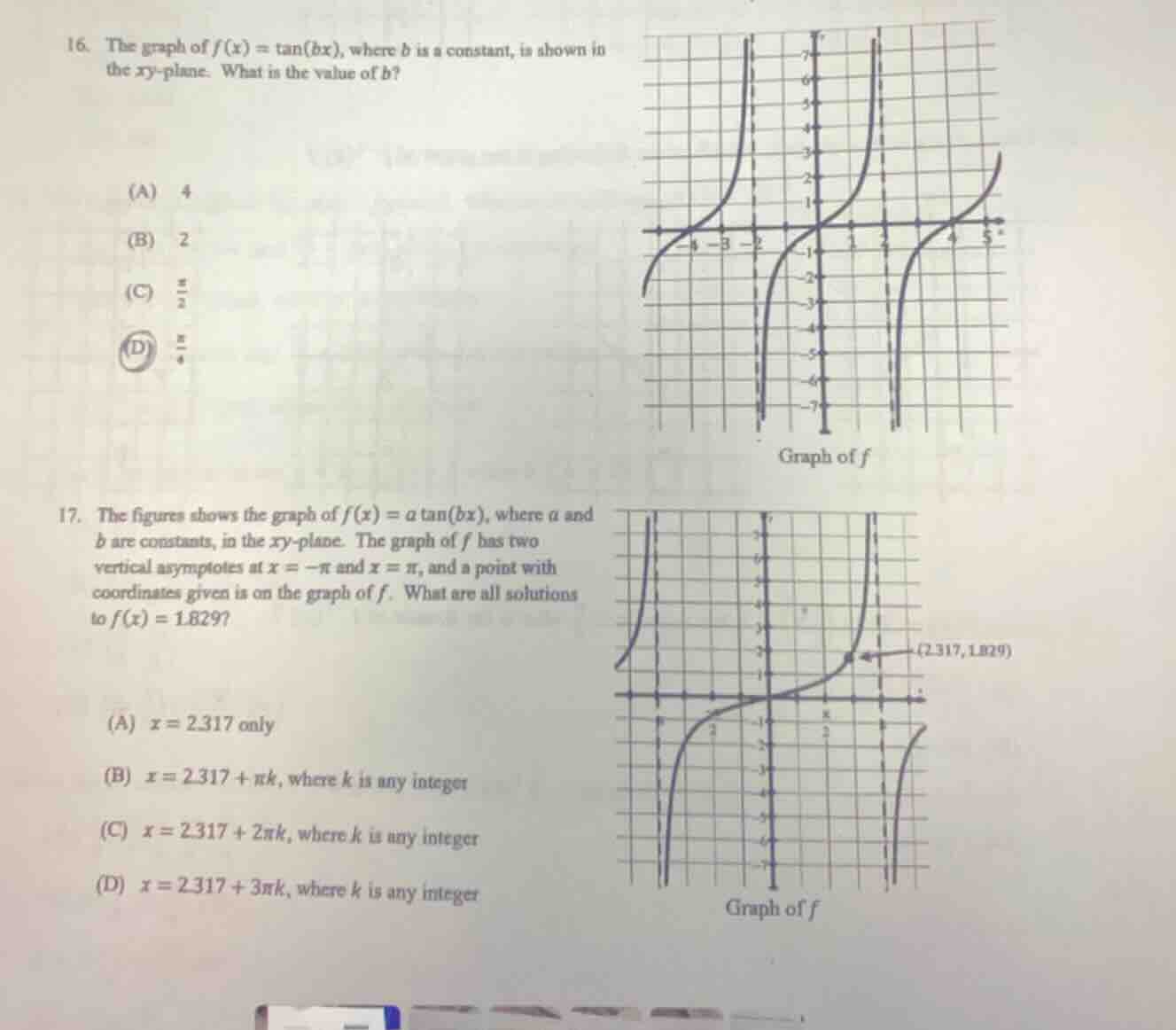 16. the graph of $f(x)=\\tan(bx)$, where $b$ is a constant, is shown in…