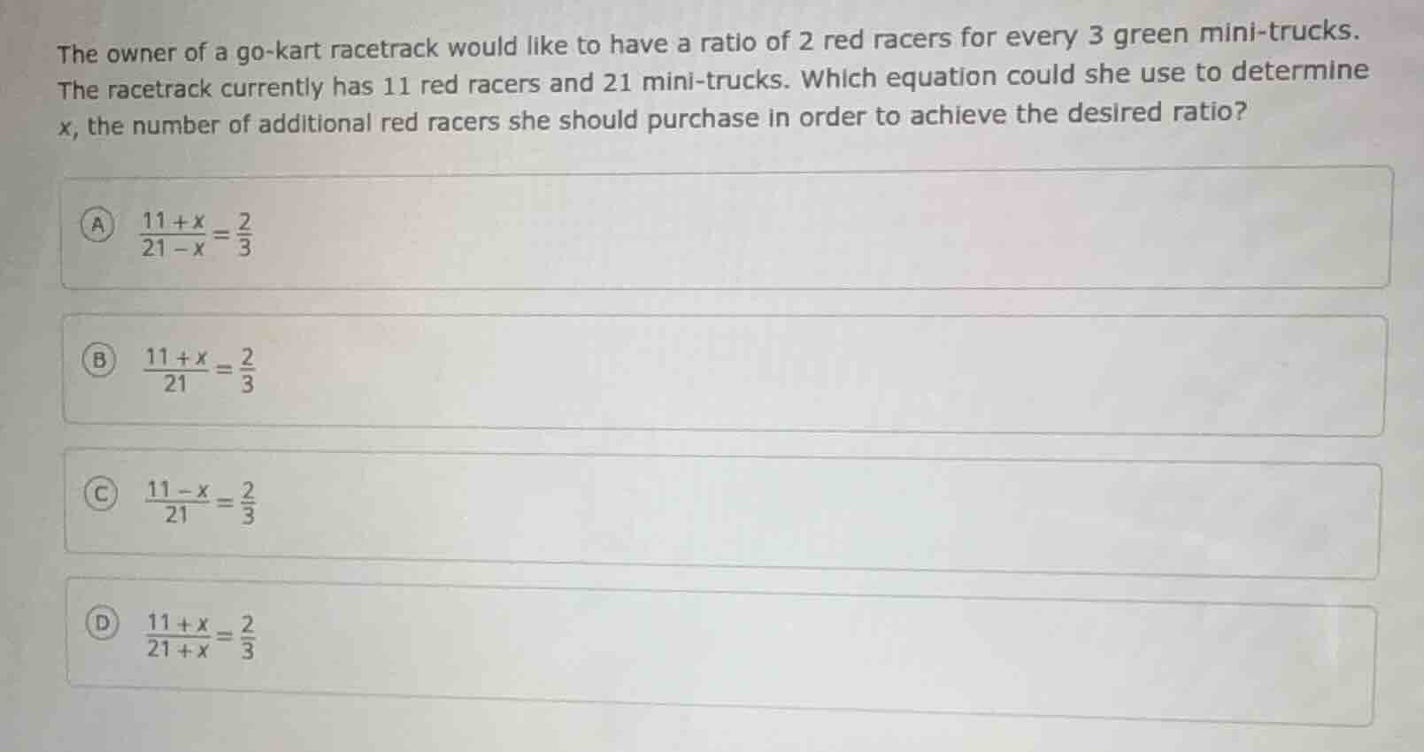 the owner of a go-kart racetrack would like to have a ratio of 2 red ra…