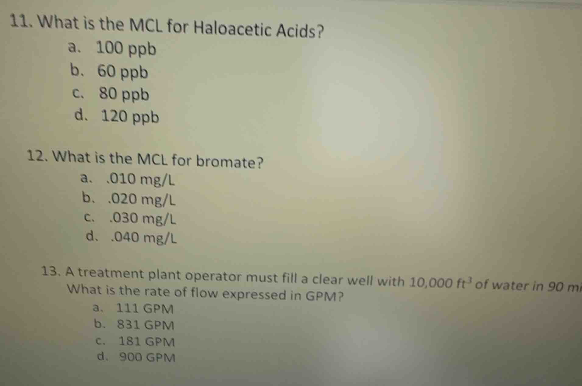 11. what is the mcl for haloacetic acids? a. 100 ppb b. 60 ppb c. 80 pp…