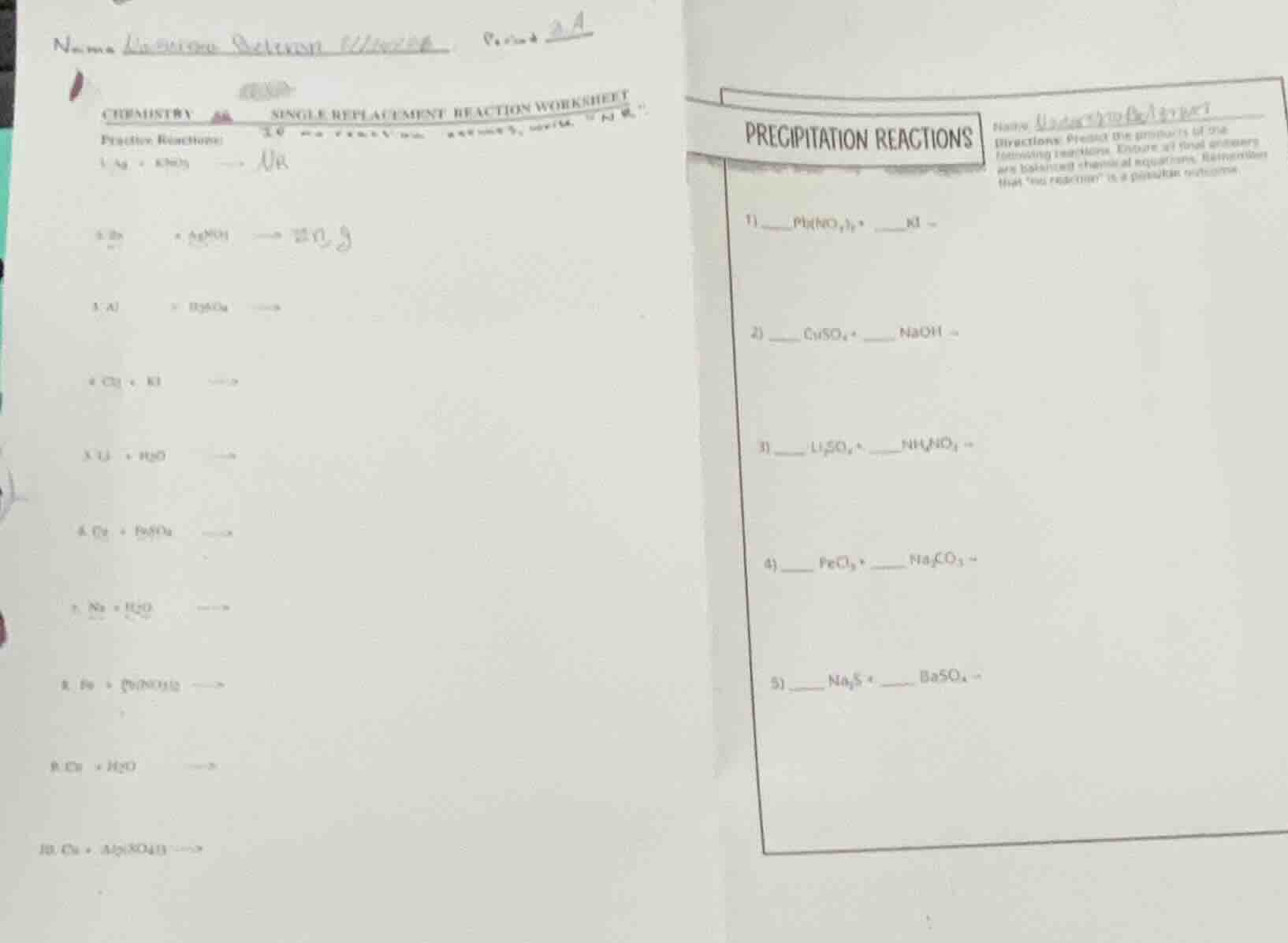 name ______ period a chemistry single replacement reaction worksheet pr…