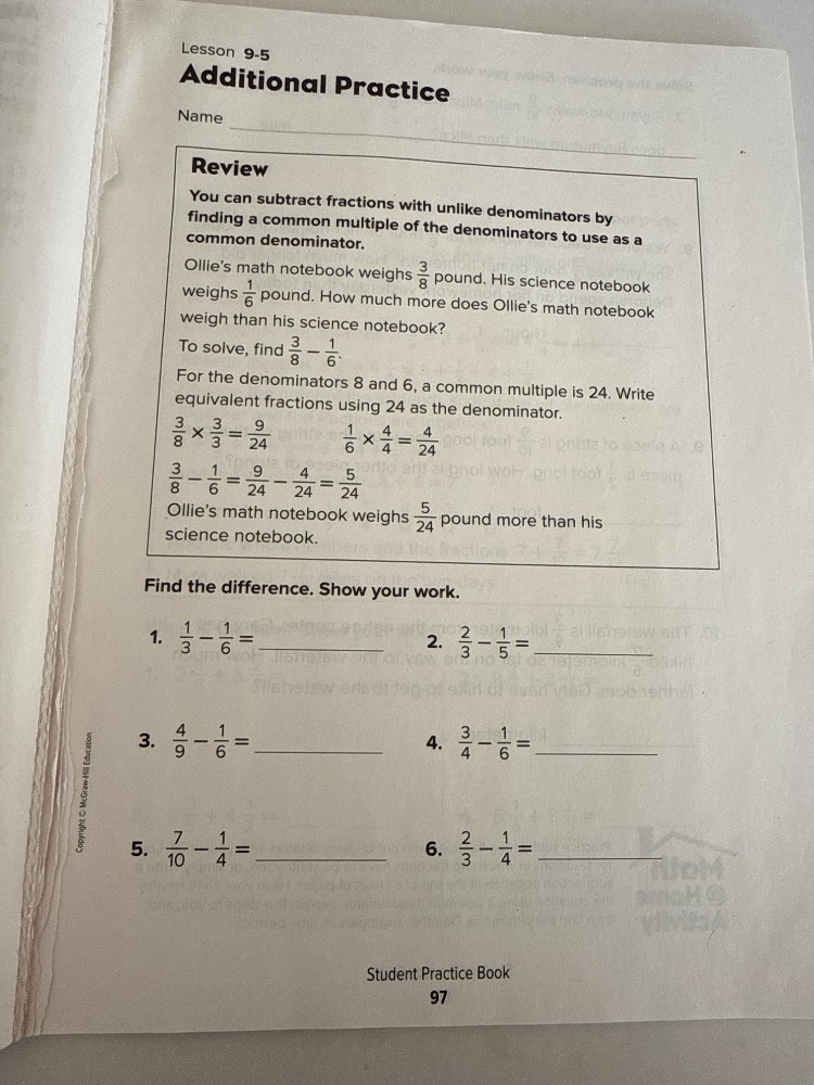 lesson 9-5 additional practice name review you can subtract fractions w…
