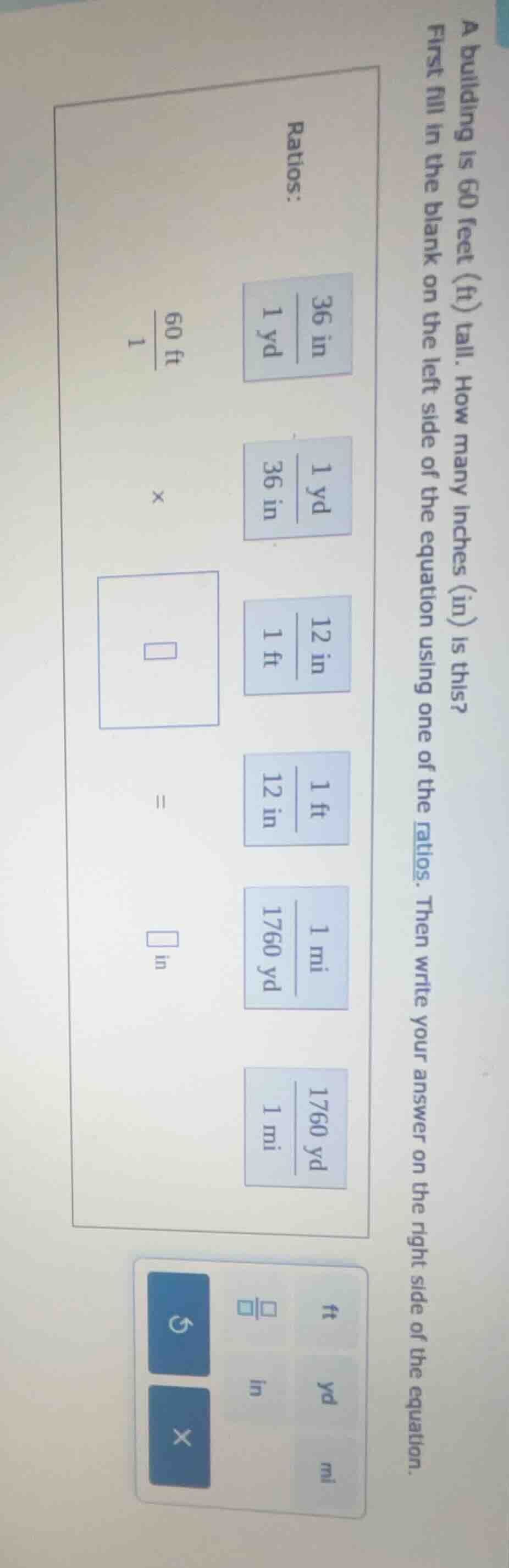 a building is 60 feet (ft) tall. how many inches (in) is this? first fi…