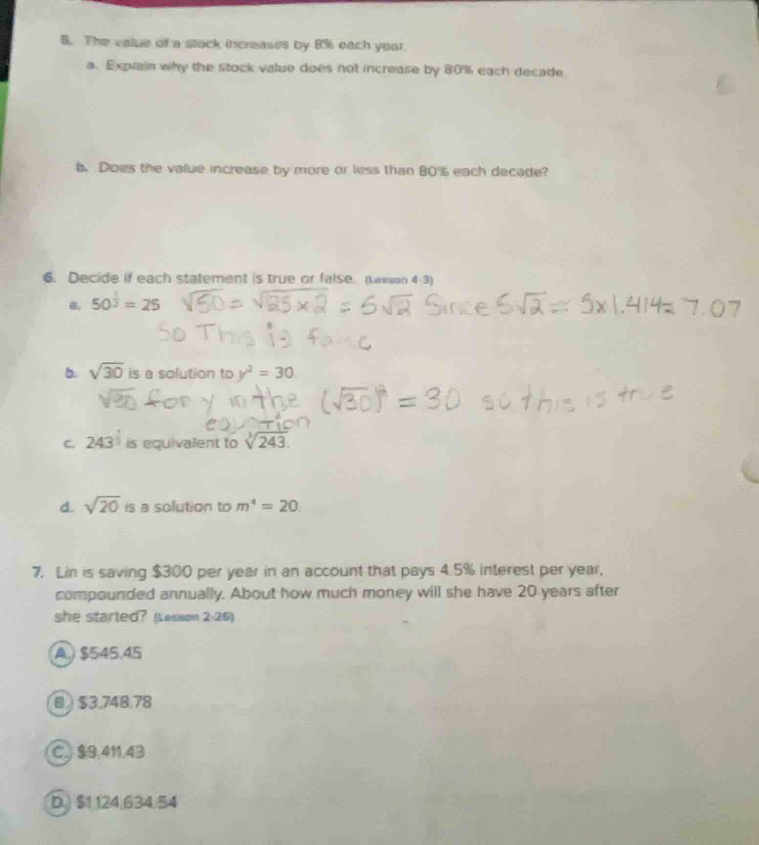 5. the value of a stock increases by 8% each year. a. explain why the s…