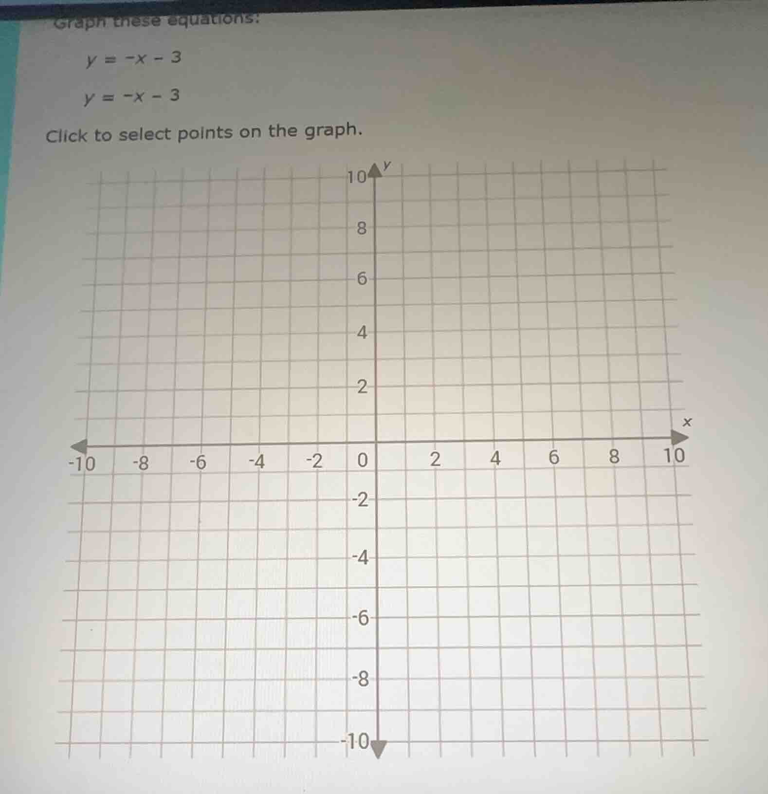 graph these equations:$y = -x - 3$$y = -x - 3$click to select points on…