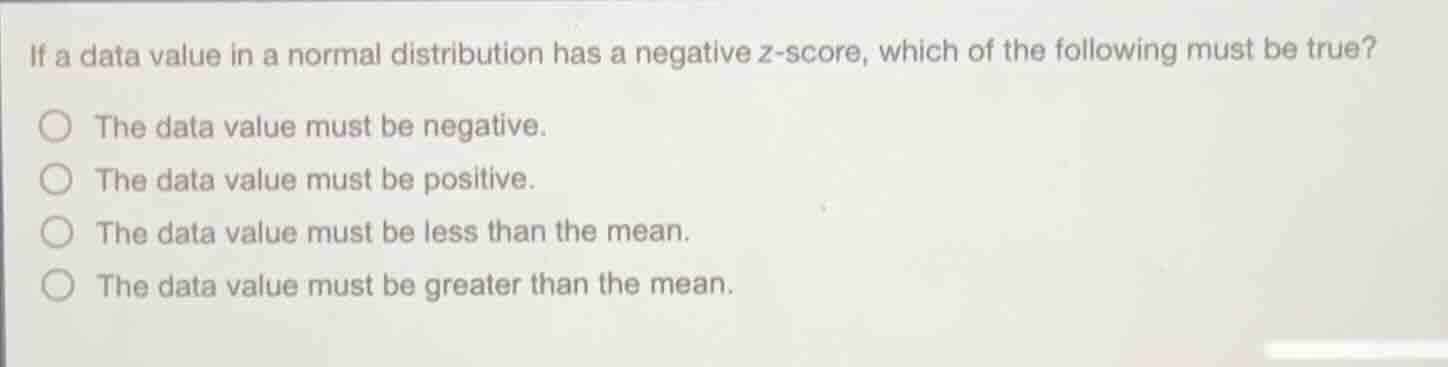 if a data value in a normal distribution has a negative z-score, which …