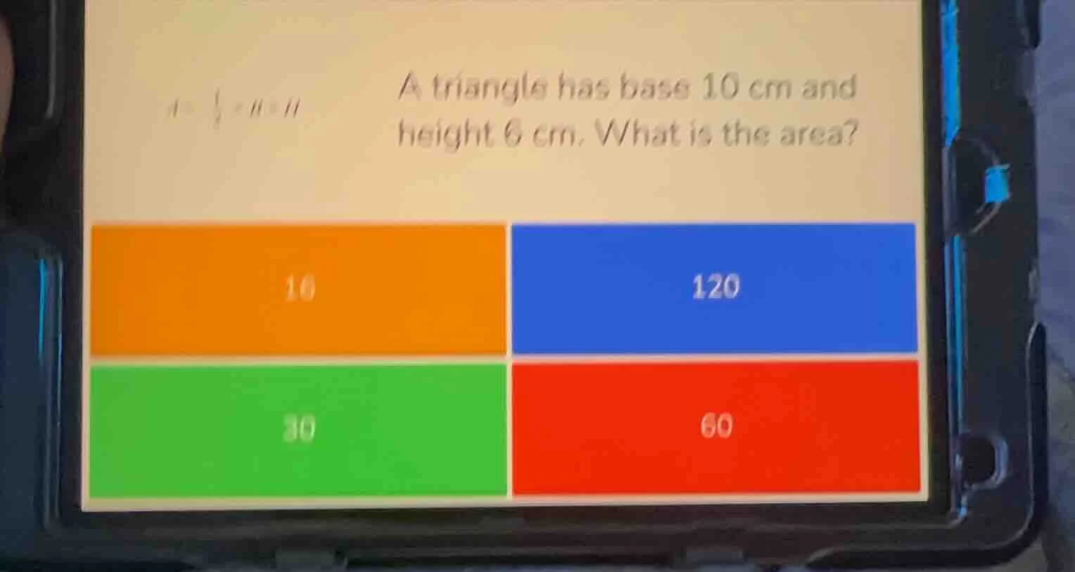 $a=\\frac{1}{2}×b×h$ a triangle has base 10 cm and height 6 cm. what is…