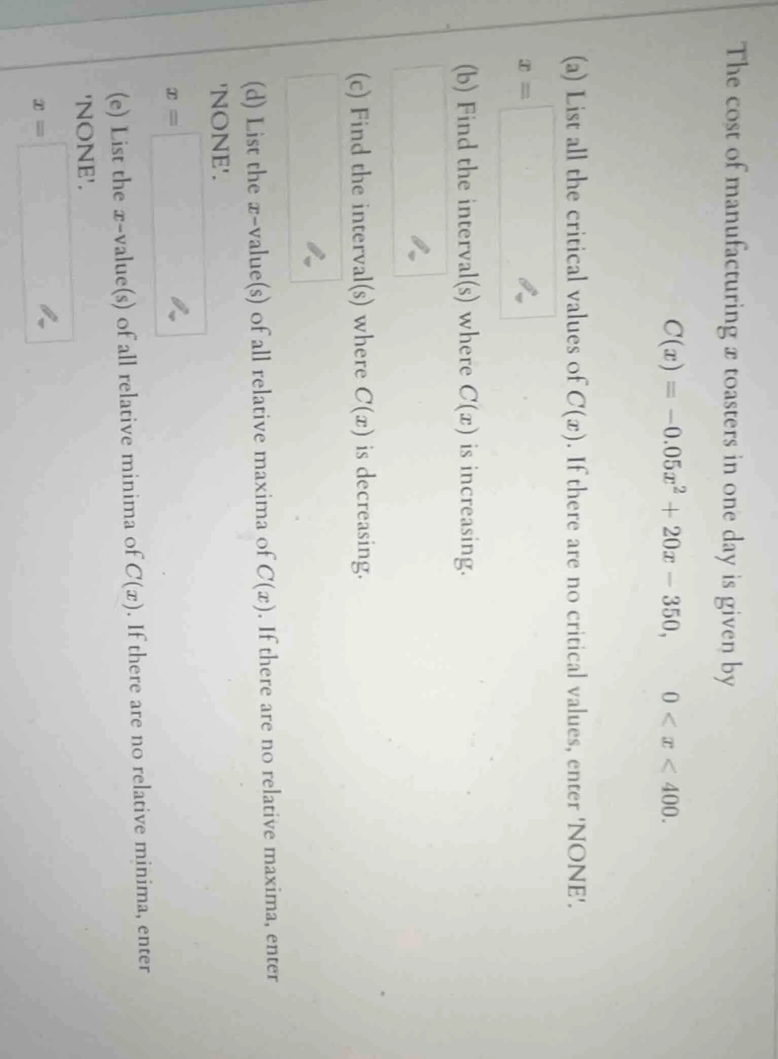 the cost of manufacturing $x$ toasters in one day is given by $c(x) = -…