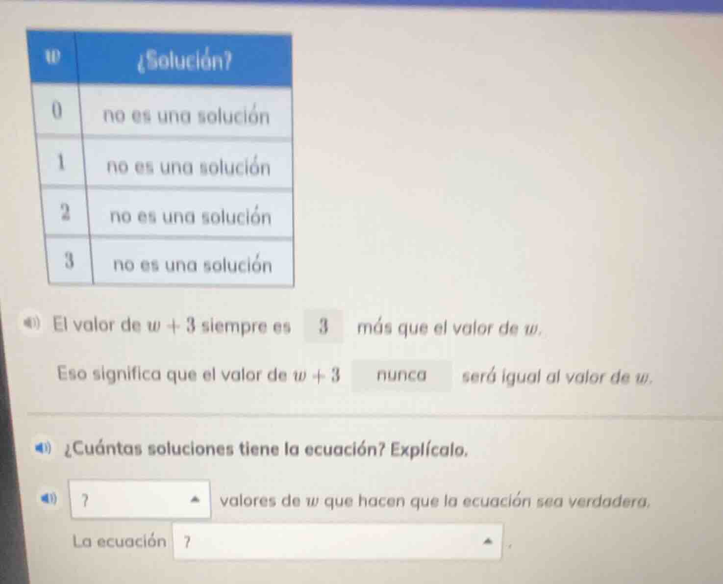 w ¿solución? 0 no es una solución 1 no es una solución 2 no es una solu…