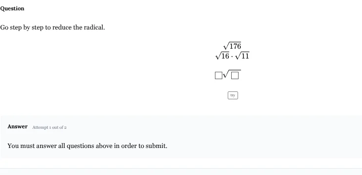 question go step by step to reduce the radical. $sqrt{176}$ $sqrt{16 cd…