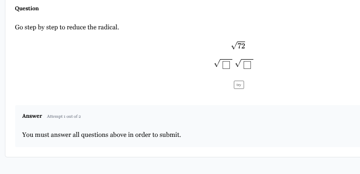 question go step by step to reduce the radical. $sqrt{72}$ $sqrt{square…