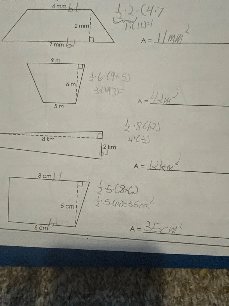 1. calculate the area of the trapezoid:top base 4 mm, bottom base 7 mm,…