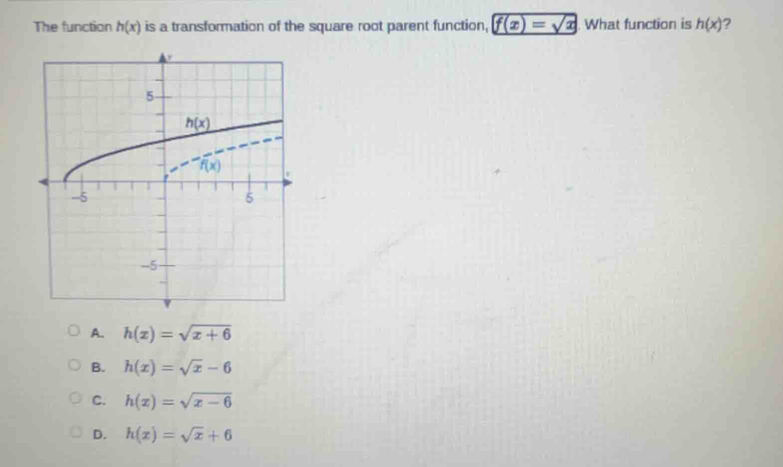 the function $h(x)$ is a transformation of the square root parent funct…