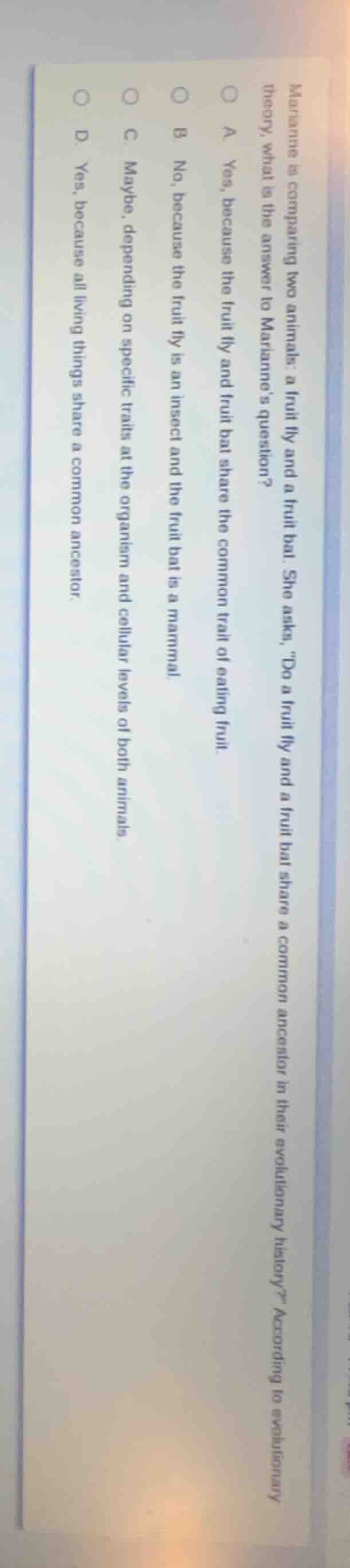 marianne is comparing two animals: a fruit fly and a fruit bat. she ask…