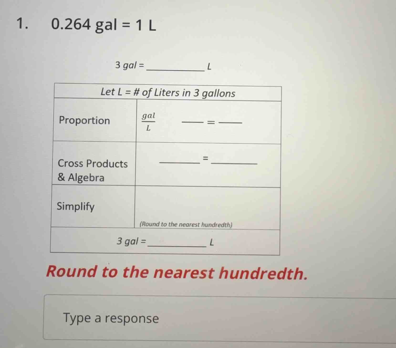 1. 0.264 gal = 1 l 3 gal = __________ l let l = # of liters in 3 gallon…