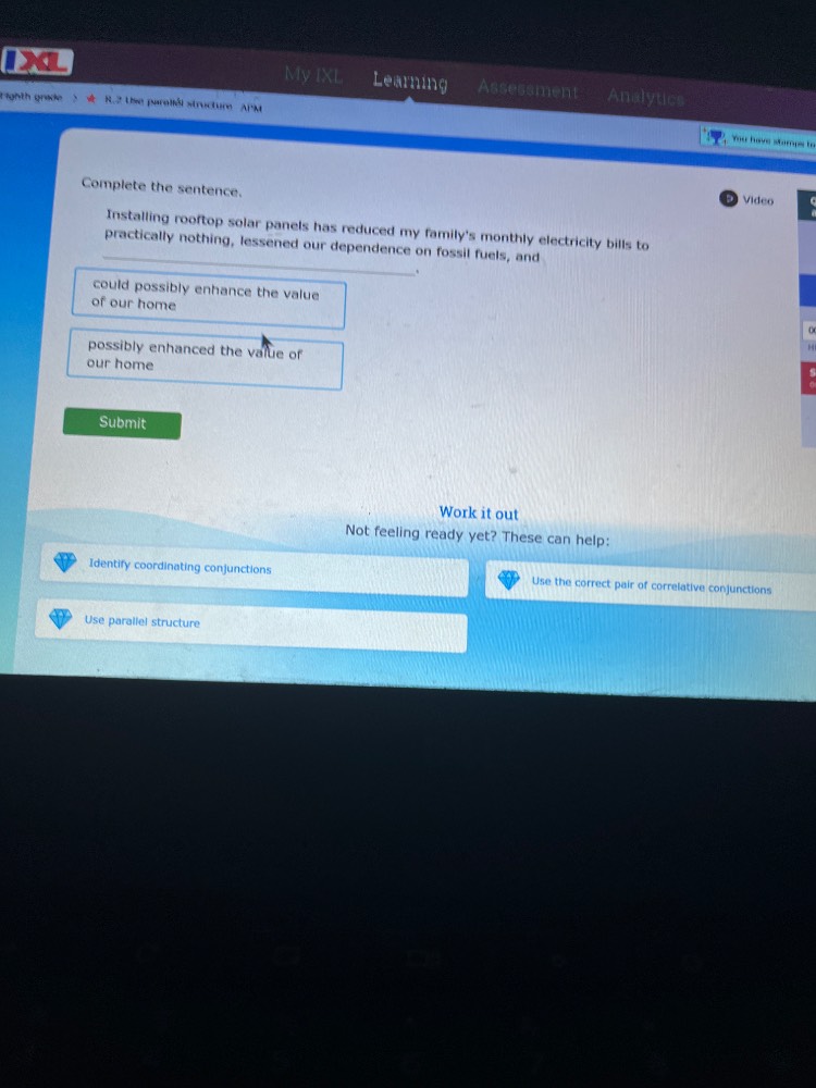 complete the sentence. installing rooftop solar panels has reduced my f…