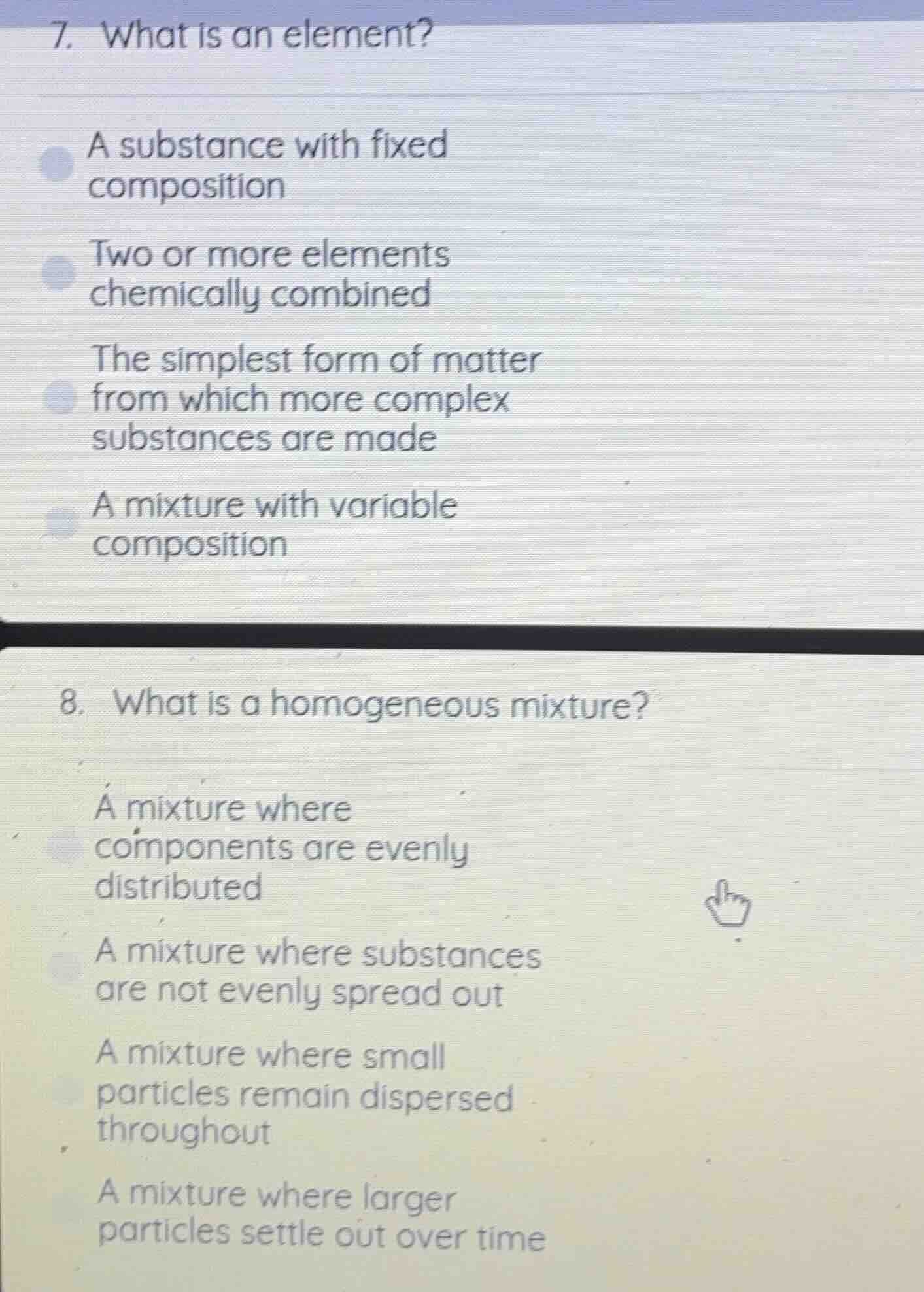 7. what is an element? a substance with fixed composition two or more e…