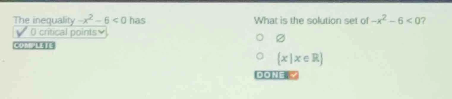 the inequality $-x^2 - 6 < 0$ has0 critical pointscompletewhat is the s…