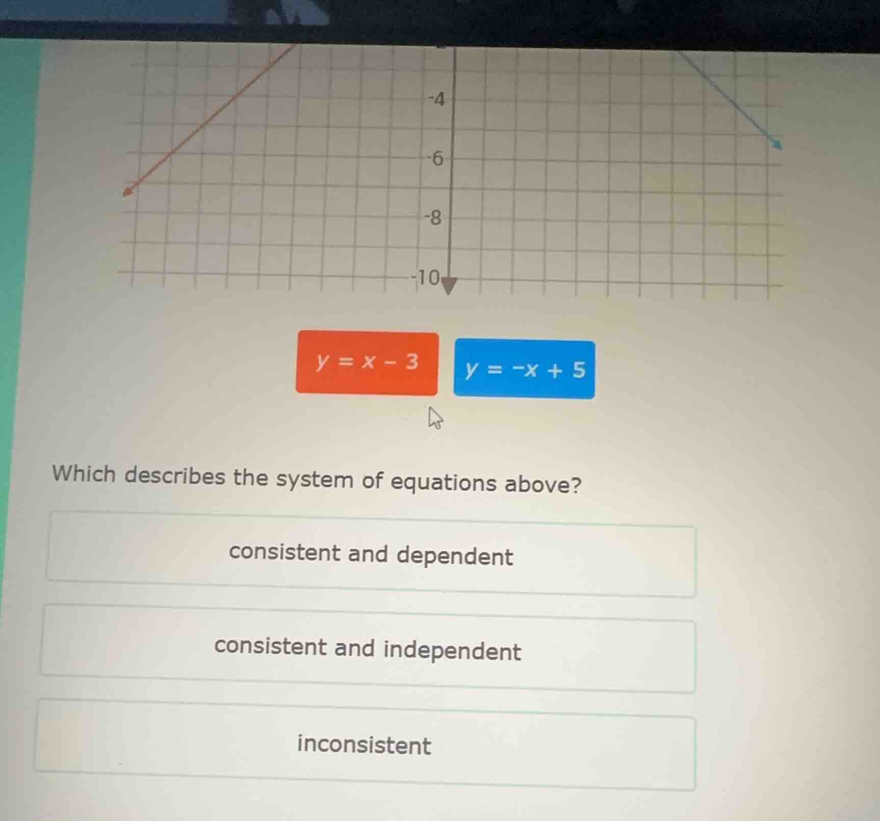 $y = x - 3$ $y = -x + 5$ which describes the system of equations above?…