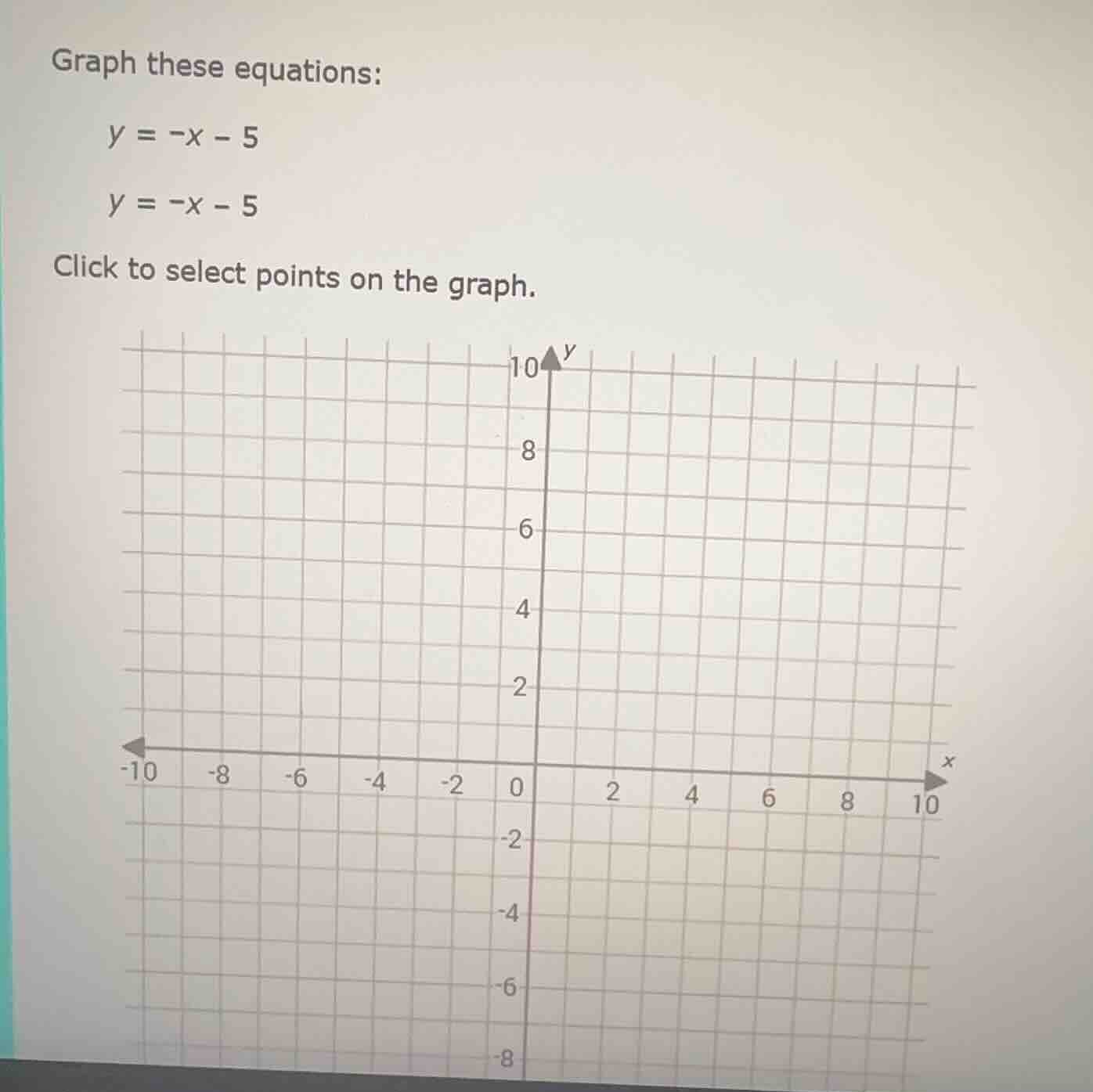 graph these equations: $y = -x - 5$ $y = -x - 5$ click to select points…
