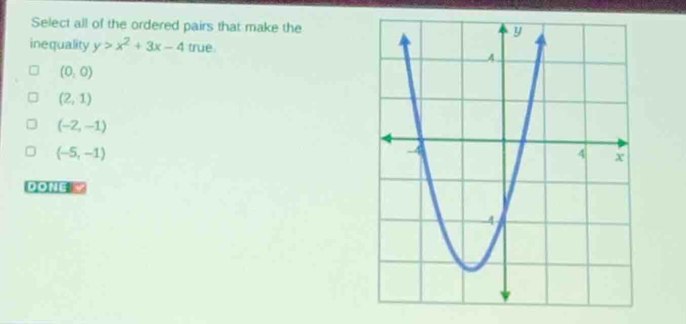 select all of the ordered pairs that make the inequality $y > x^2 + 3x …