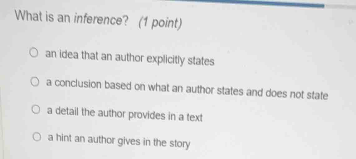 what is an inference? (1 point)an idea that an author explicitly states…