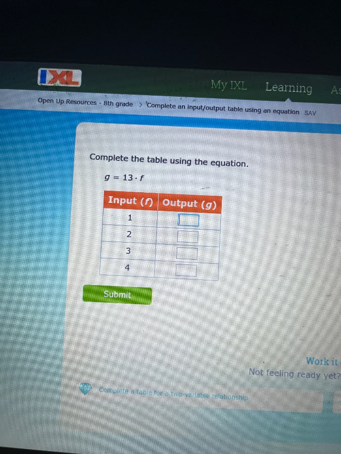 complete the table using the equation. $g = 13 \\cdot f$ input ($f$) ou…