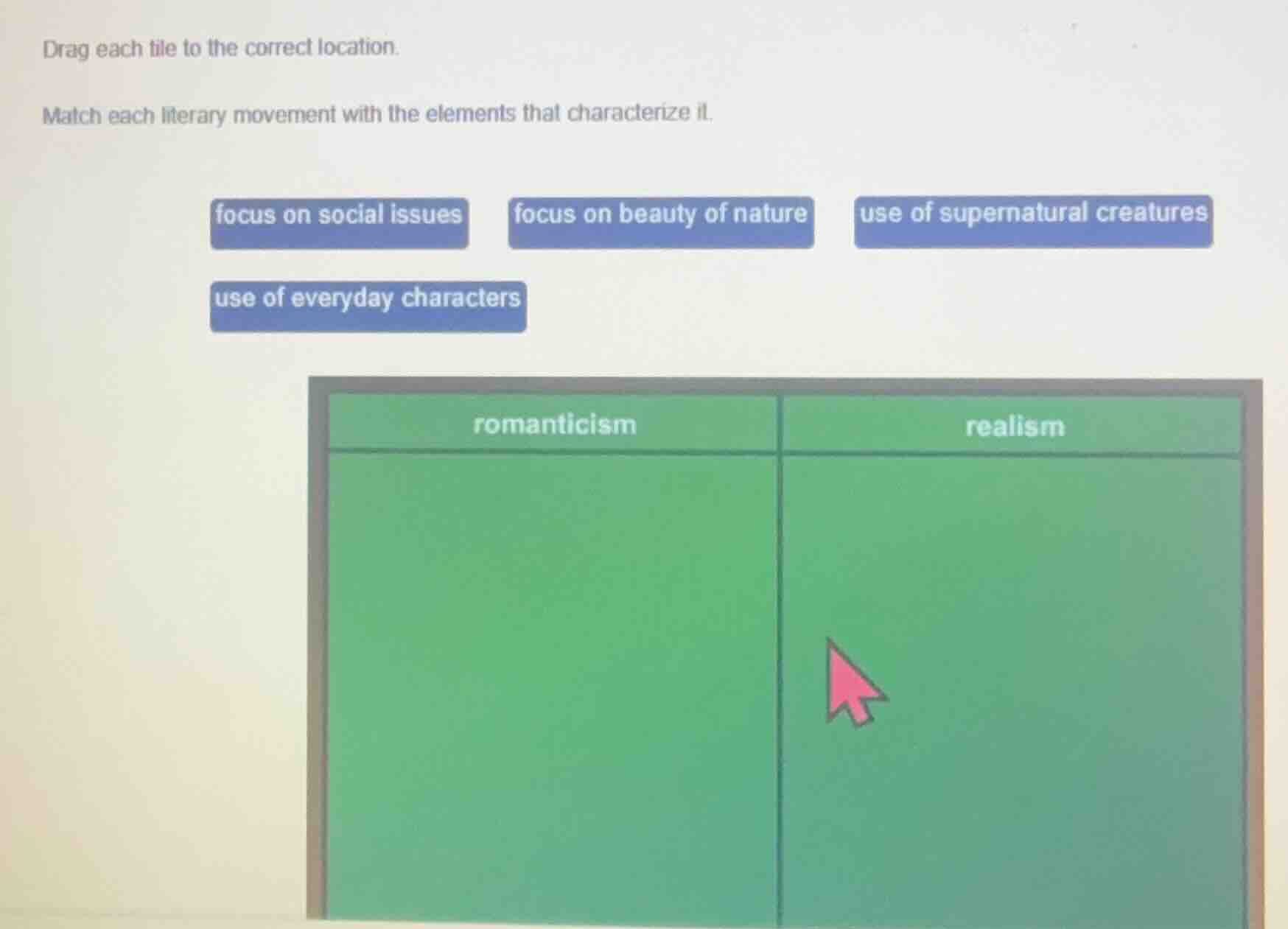 drag each tile to the correct location. match each literary movement wi…