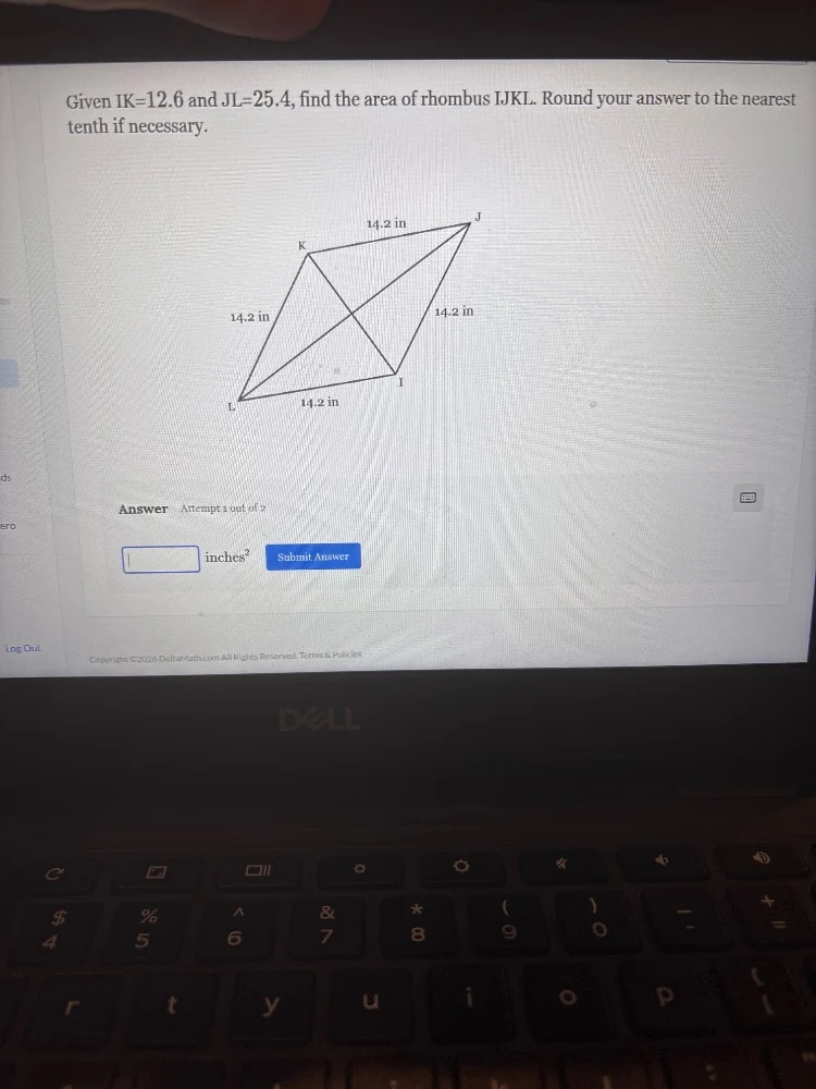 given ik=12.6 and jl=25.4, find the area of rhombus ijkl. round your an…
