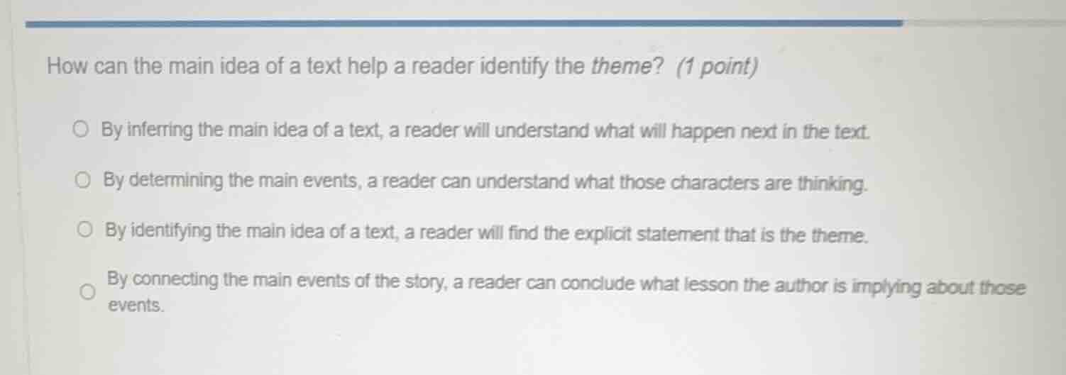 how can the main idea of a text help a reader identify the theme? (1 po…
