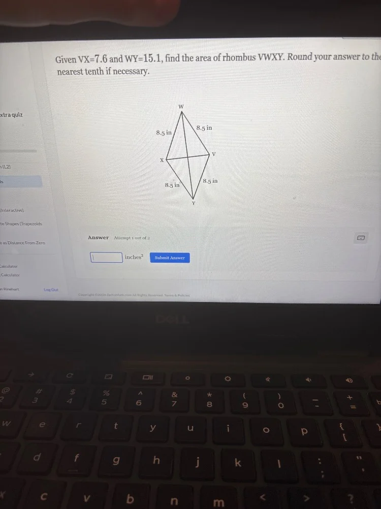 given vx=7.6 and wy=15.1, find the area of rhombus vwxy. round your ans…