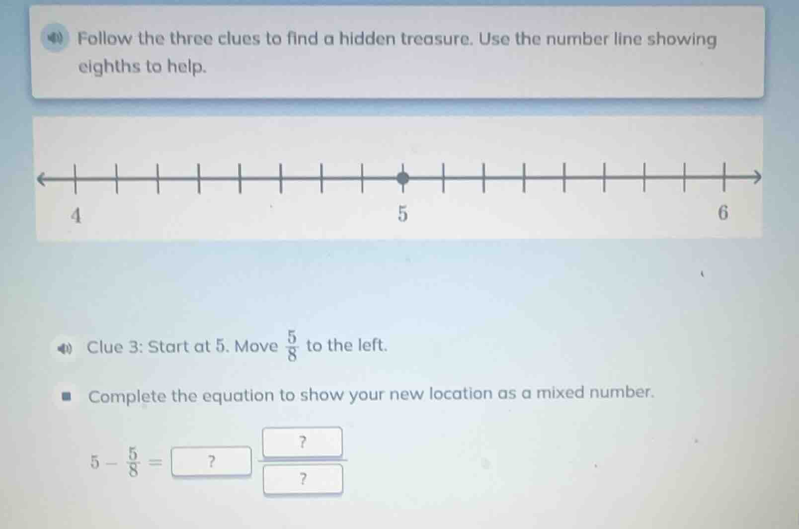 follow the three clues to find a hidden treasure. use the number line s…