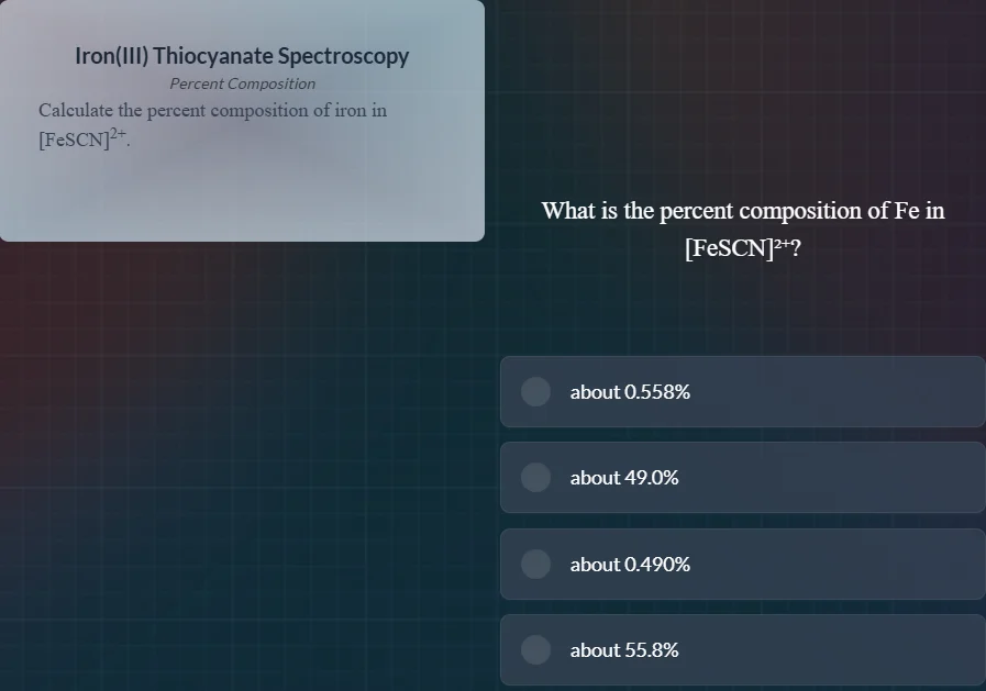 iron(iii) thiocyanate spectroscopy percent composition calculate the pe…