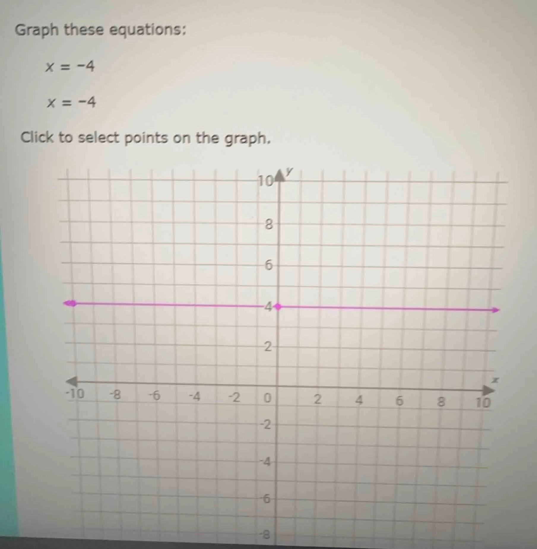 graph these equations:$x = -4$$x = -4$click to select points on the gra…