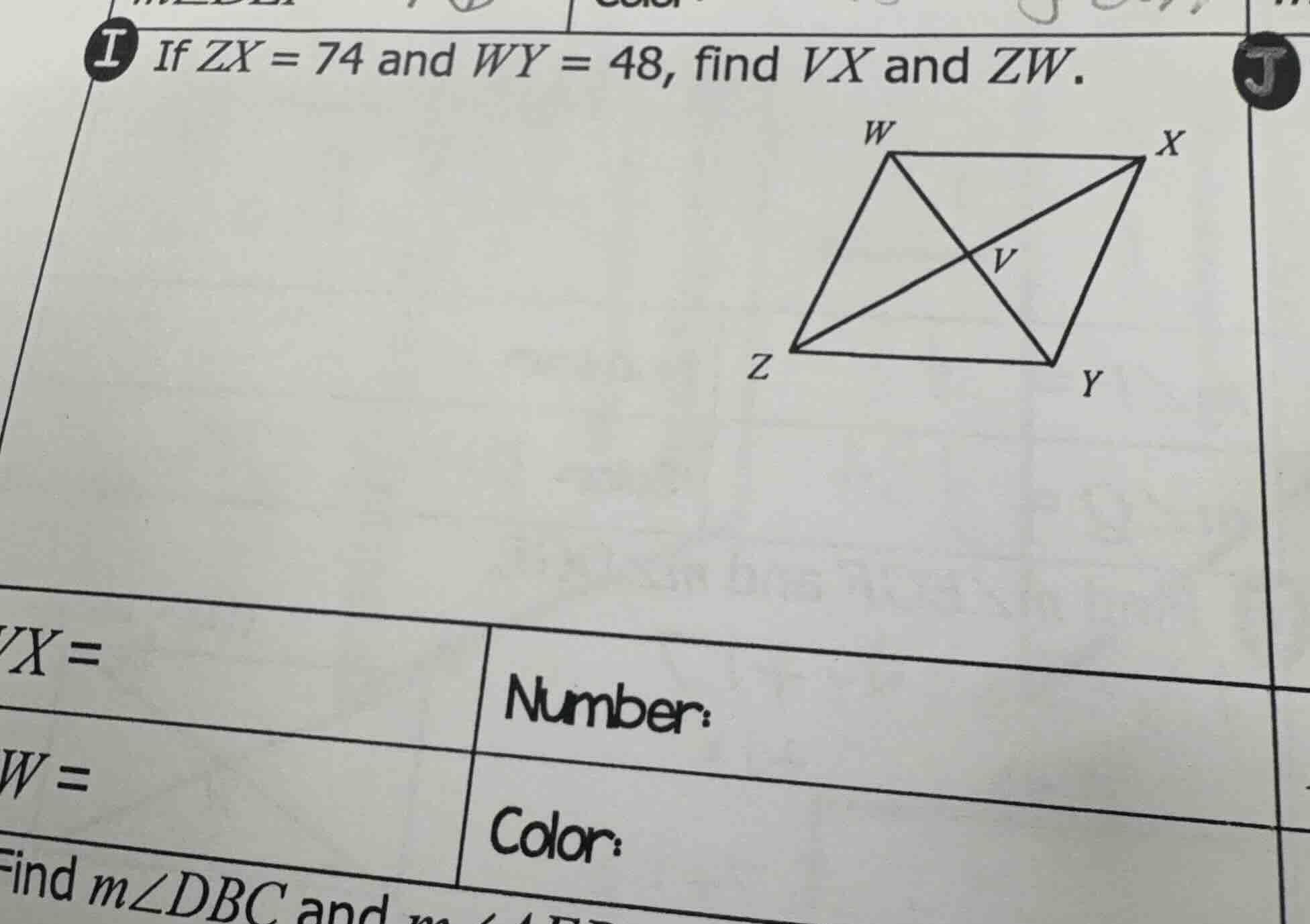 if $zx = 74$ and $wy = 48$, find $vx$ and $zw$. $vx =$ $zw =$ find $m\\…