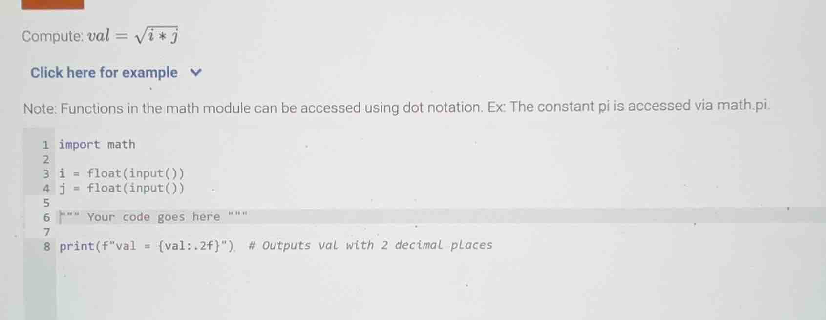 compute: $val = sqrt{i * j}$ click here for example note: functions in …
