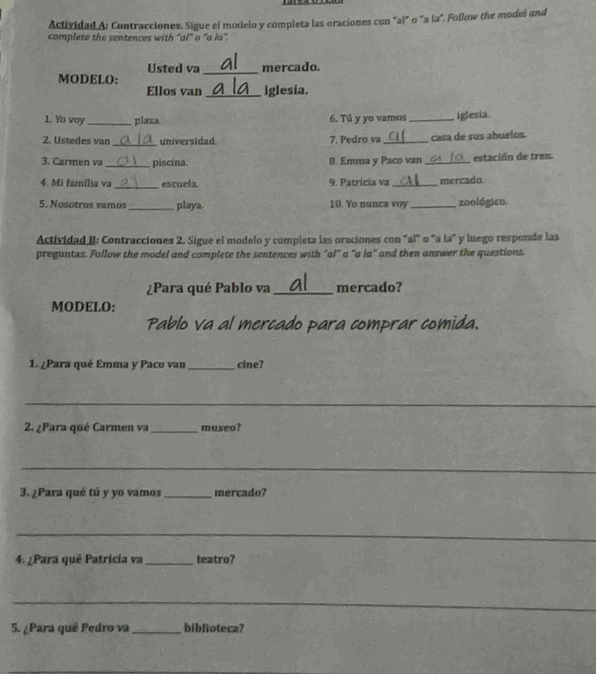 actividad a: contracciones. sigue el modelo y completa las oraciones co…