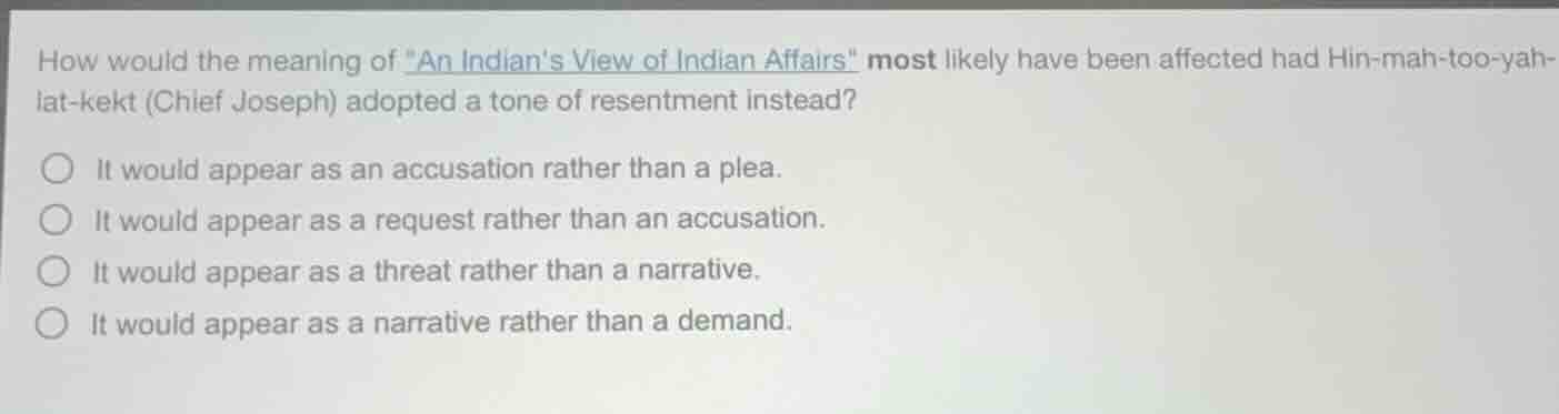 how would the meaning of \an indians view of indian affairs\ most likel…