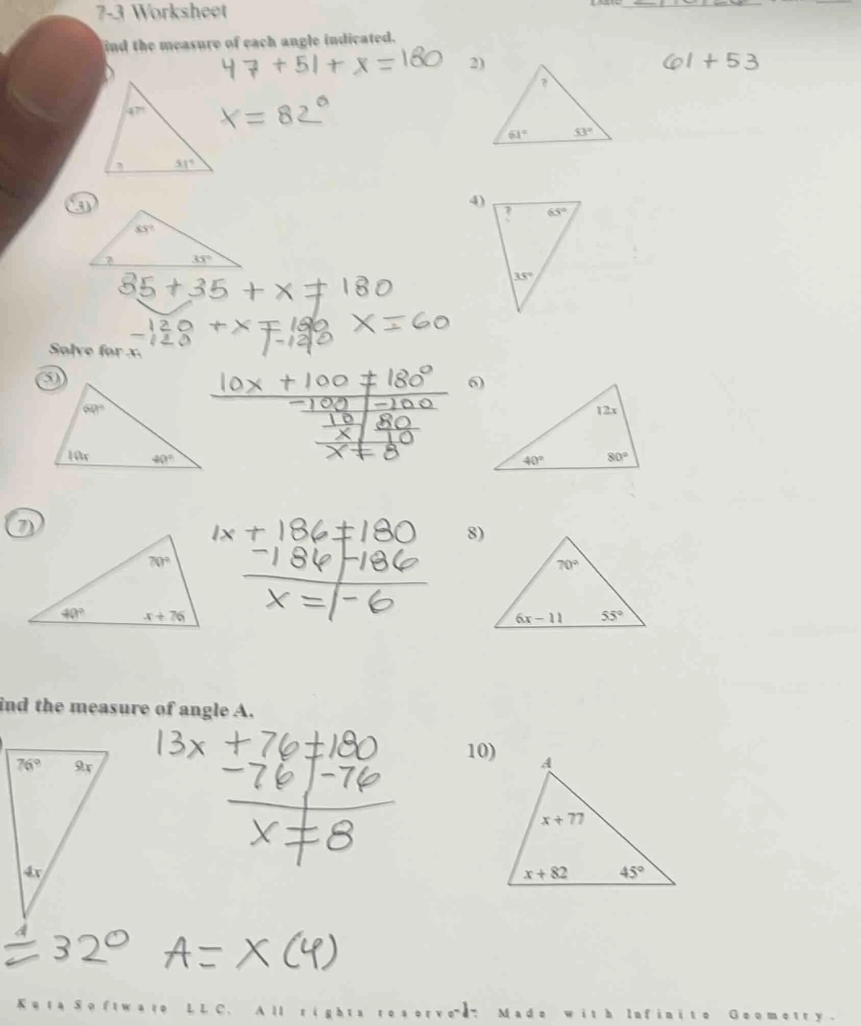 7-3 worksheet find the measure of each angle indicated. 1) 2) 3) 4) sol…