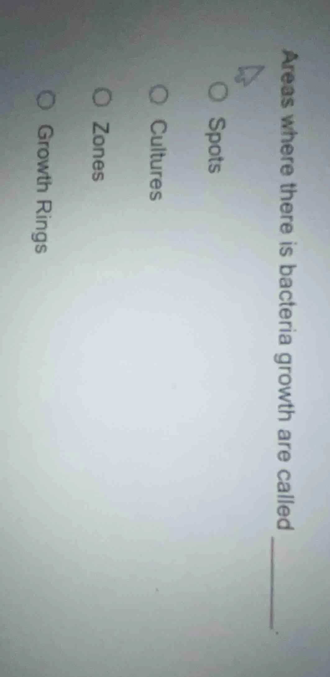 areas where there is bacteria growth are called _____.○ spots○ cultures…