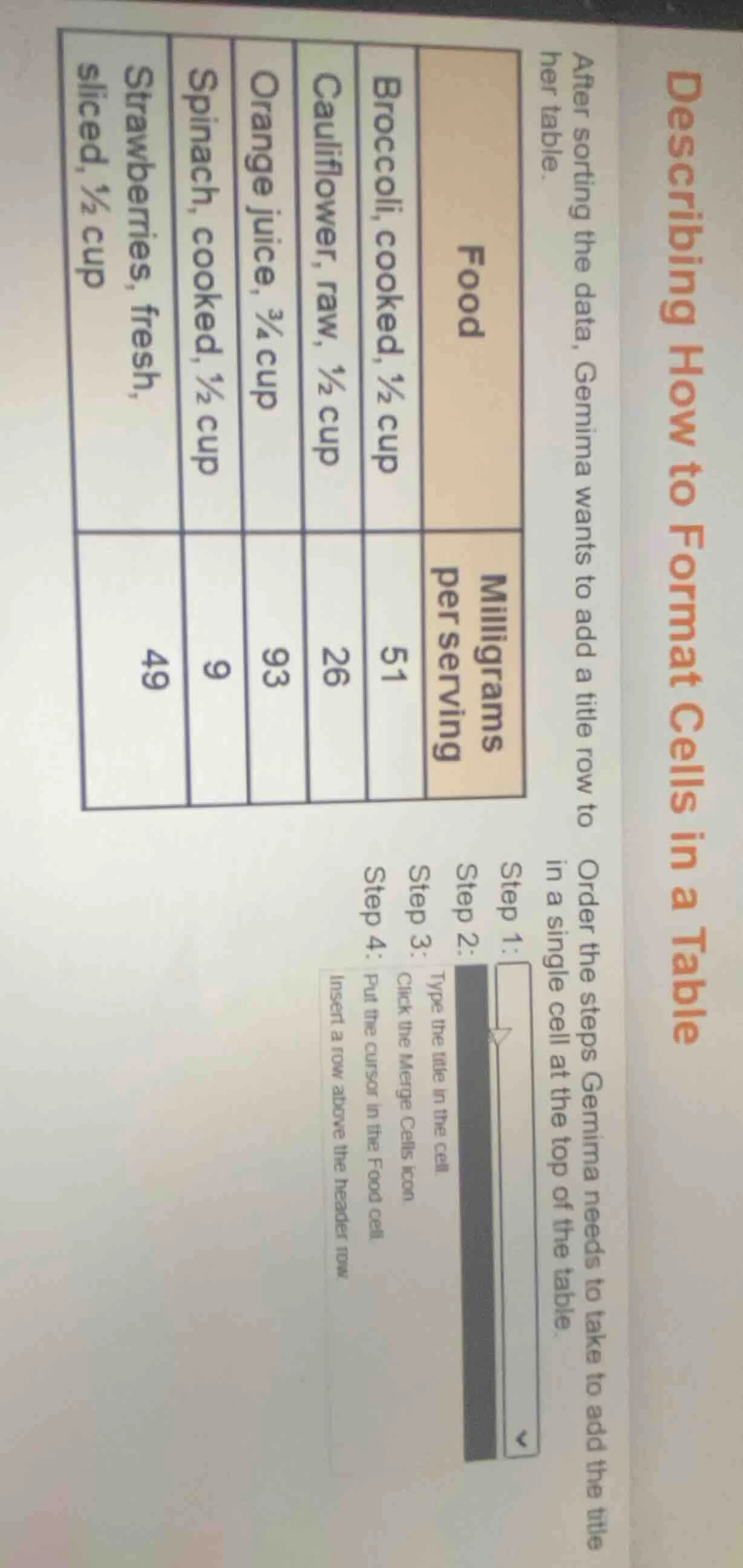 describing how to format cells in a table after sorting the data, gemim…