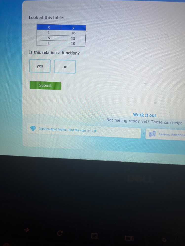look at this table: x | y 1 | 16 6 | 15 1 | 10 is this relation a funct…