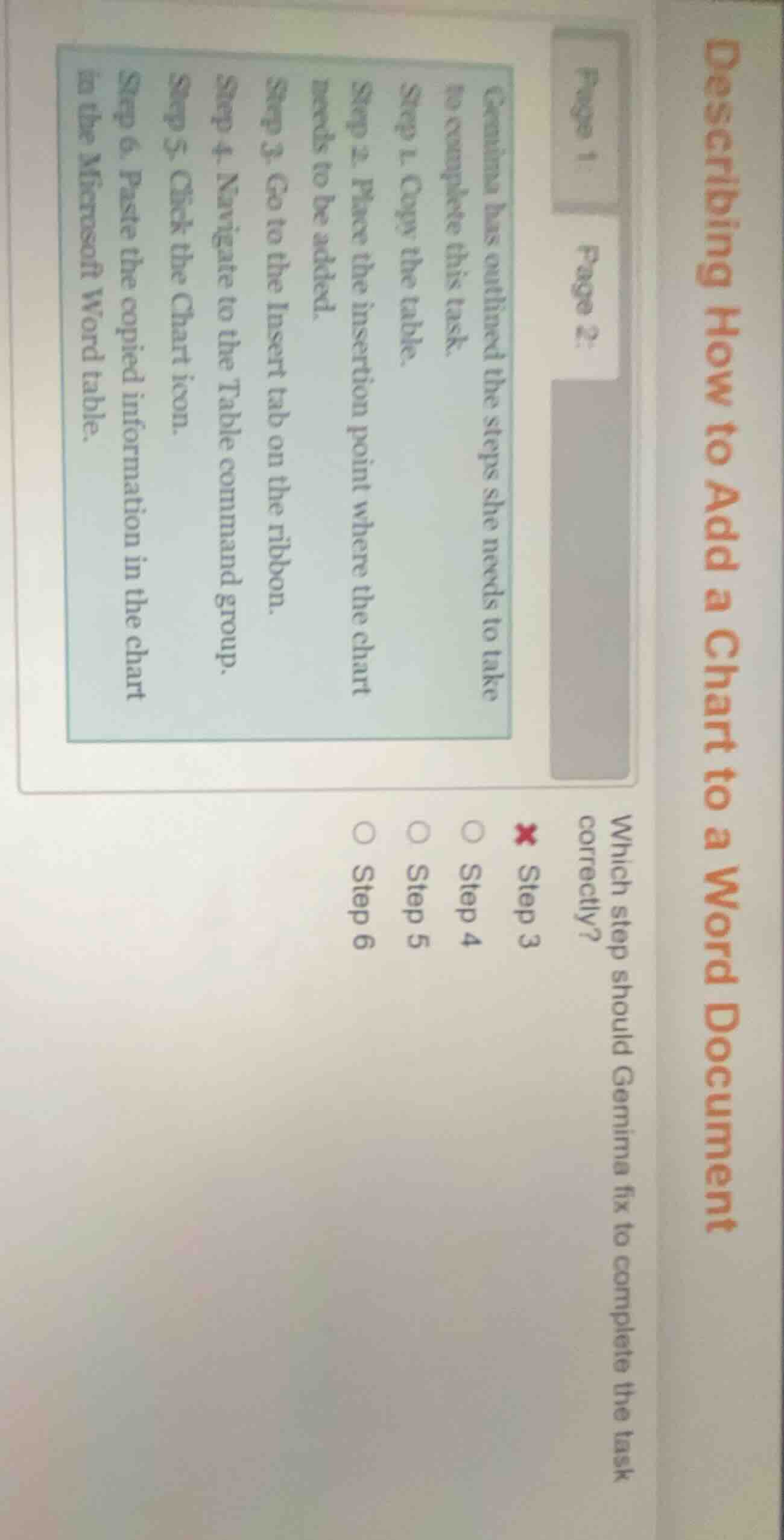 describing how to add a chart to a word document page 1: page 2: gemima…